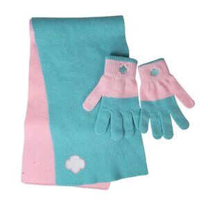Girl Scouts Scarf And Gloves Set Pink Green Large XL Knit Embroid Logo 50" X 8"